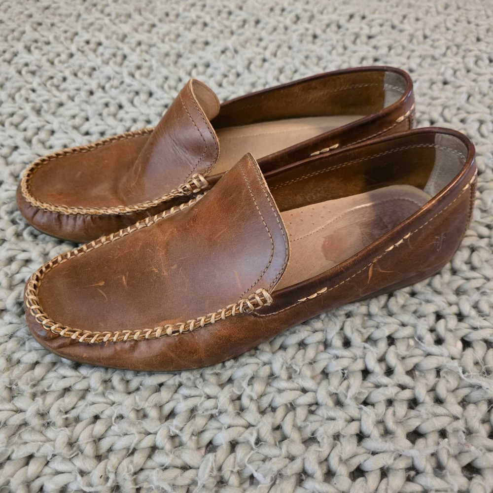 Frye Mens Lewis Venetian Loafers Cognac Leather Slip On Shoes Brown Size 10.5
